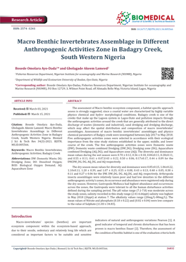 Macro Benthic Invertebrates Assemblage in Different Anthropogenic Activities Zone in Badagry Creek, South Western Nigeria