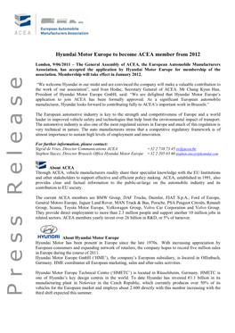 Hyundai Motor Europe to Become ACEA Member from 2012