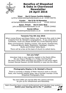 Benefice of Shepshed & Oaks in Charnwood Newsletter 24 April 2016