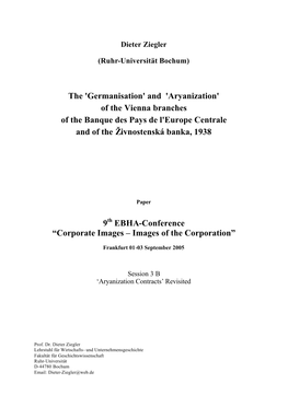 And 'Aryanization' of the Vienna Branches of the Banque Des Pays De L'europe Centrale and of the Živnostenská Banka, 1938