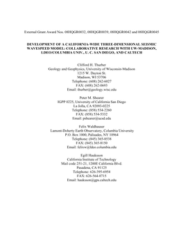 External Grant Award Nos. 08HQGR0032, 08HQGR0039, 08HQGR0042 and 08HQGR0045 DEVELOPMENT of a CALIFORNIA-WIDE THREE-DIMENSIONAL S