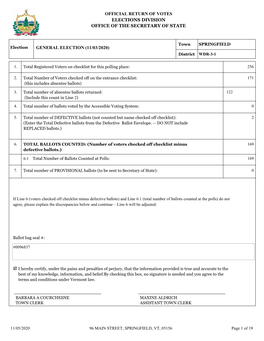 Official Return of Votes Elections Division Office of the Secretary of State General Election