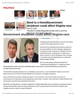 Government Shutdown Could Affect Virginia Race - POLITICO.Com 9/30/13 10:36 AM