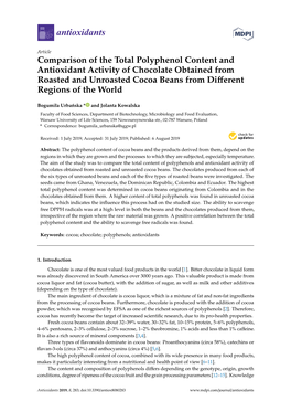 Comparison of the Total Polyphenol Content and Antioxidant Activity of Chocolate Obtained from Roasted and Unroasted Cocoa Beans from Diﬀerent Regions of the World