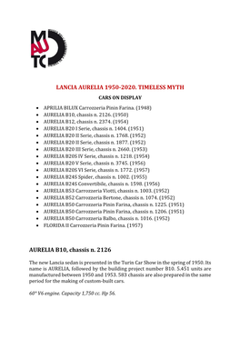 Lancia Aurelia 1950-2020. Timeless Myth Aurelia B10
