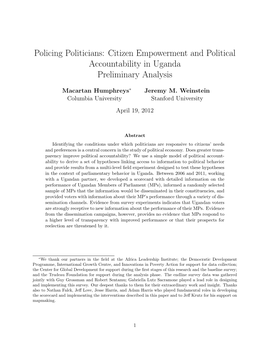 Policing Politicians: Citizen Empowerment and Political Accountability in Uganda Preliminary Analysis
