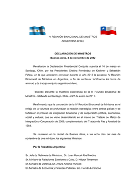 DECLARACIÓN DE MINISTROS Buenos Aires, 8 De Noviembre De 2012