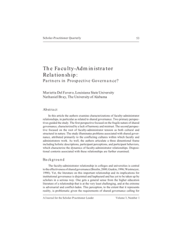 The Faculty-Administrator Relationship: Partners in Prospective Governance?