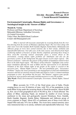 December 2015, Pp. 18-25 © Social Research Foundation Environmental Catastrophe, Human Rights and Governance: a Sociological Insight in the ‘Sorrow of Bihar’ Manish K