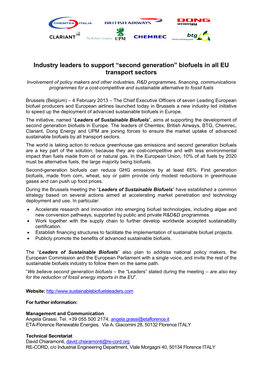 Industry Leaders to Support “Second Generation” Biofuels in All EU Transport Sectors