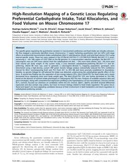 High-Resolution Mapping of a Genetic Locus Regulating Preferential Carbohydrate Intake, Total Kilocalories, and Food Volume on Mouse Chromosome 17