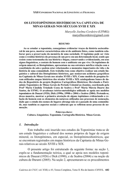 OS LITOTOPÔNIMOS HISTÓRICOS NA CAPITANIA DE MINAS GERAIS NOS SÉCULOS XVIII E XIX Maryelle Joelma Cordeiro (UFMG) Maryellecordeiro@Gmail.Com