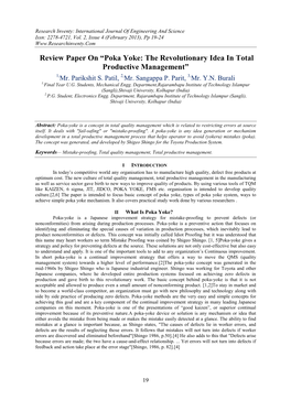Review Paper on “Poka Yoke: the Revolutionary Idea in Total Productive Management” 1,Mr