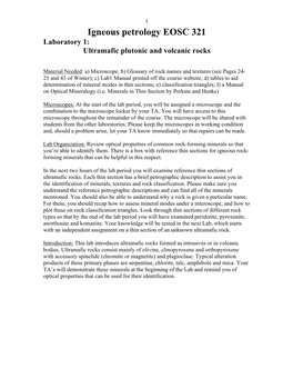 Igneous Petrology EOSC 321 Laboratory 1: Ultramafic Plutonic and Volcanic Rocks