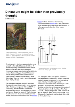 Dinosaurs Might Be Older Than Previously Thought 3 March 2010