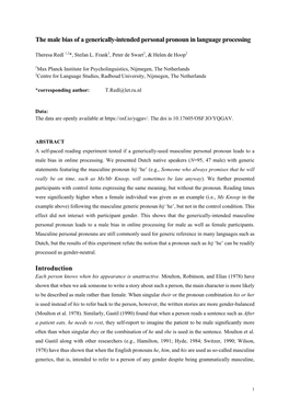 The Male Bias of a Generically-Intended Personal Pronoun in Language Processing