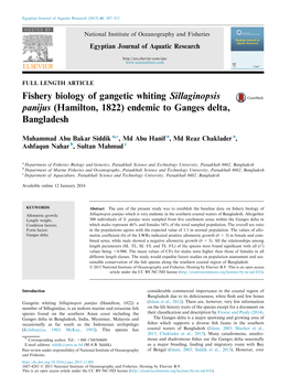 Fishery Biology of Gangetic Whiting Sillaginopsis Panijus (Hamilton, 1822) Endemic to Ganges Delta, Bangladesh