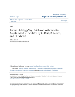 Future Philology! by Ulrich Von Wilamowitz-Moellendorff - Rt Anslated by G