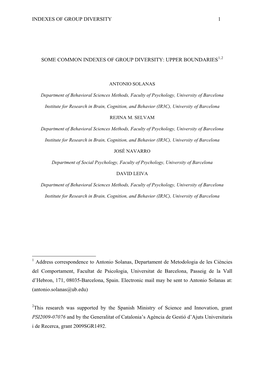 Indexes of Group Diversity 1 Some Common Indexes Of