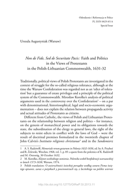 Non De Fide, Sed De Securitate Pacis.1 Faith and Politics in the Views of Protestants in the Polish‑Lithuanian Commonwealth, 1631‑32