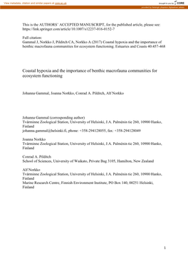 Coastal Hypoxia and the Importance of Benthic Macrofauna Communities for Ecosystem Functioning