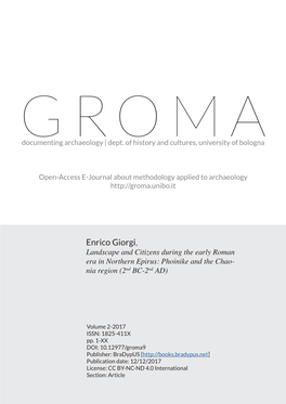Enrico Giorgi, Landscape and Citizens During the Early Roman Era in Northern Epirus: Phoinike and the Chao- Nia Region (2Nd BC-2Nd AD)