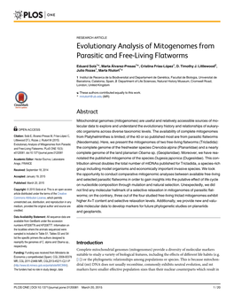 Evolutionary Analysis of Mitogenomes from Parasitic and Free-Living Flatworms