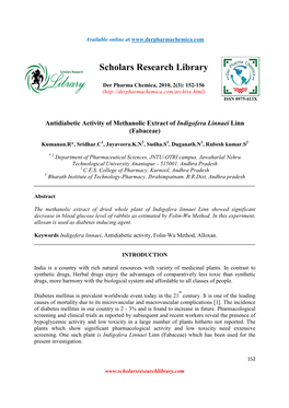 Antidiabetic Activity of Methanolic Extract of Indigofera Linnaei Linn (Fabaceae)