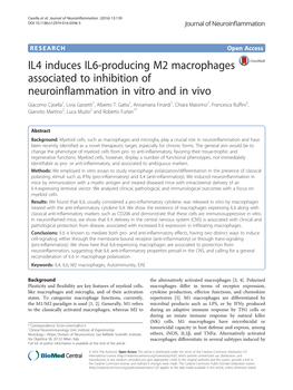 IL4 Induces IL6-Producing M2 Macrophages Associated to Inhibition of Neuroinflammation in Vitro and in Vivo Giacomo Casella1, Livia Garzetti1, Alberto T