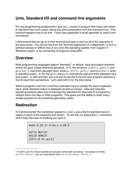 Unix, Standard I/O and Command Line Arguments Overview Redirection