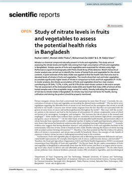 Study of Nitrate Levels in Fruits and Vegetables to Assess the Potential Health Risks in Bangladesh Rayhan Uddin1, Mostak Uddin Thakur2, Mohammad Zia Uddin3 & G