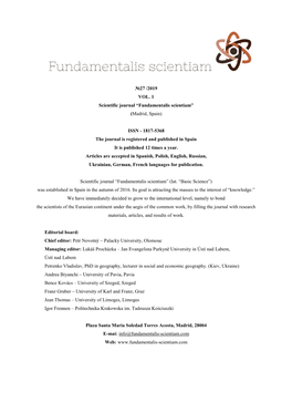 №27 /2019 VOL. 1 Scientific Journal “Fundamentalis Scientiam” (Madrid, Spain)