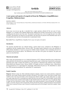 A New Genus and Species of Congrid Eel from the Philippines (Anguillliformes: Congridae: Bathymyrinae)