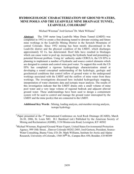 Hydrologic Characterization and Remediation of the Leadville Mine Dr