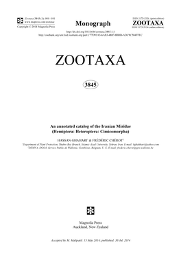 An Annotated Catalog of the Iranian Miridae (Hemiptera: Heteroptera: Cimicomorpha)