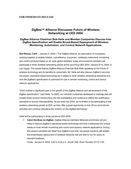 Zigbee™ Alliance Discusses Future of Wireless Networking at CES 2004