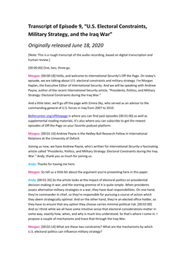 Transcript of Episode 9, “U.S. Electoral Constraints, Military Strategy, and the Iraq War”