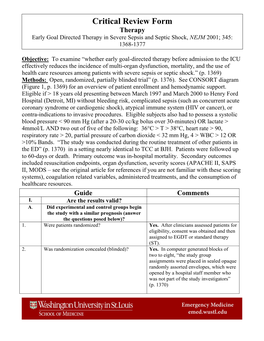 Critical Review Form Therapy Early Goal Directed Therapy in Severe Sepsis and Septic Shock, NEJM 2001; 345: 1368-1377