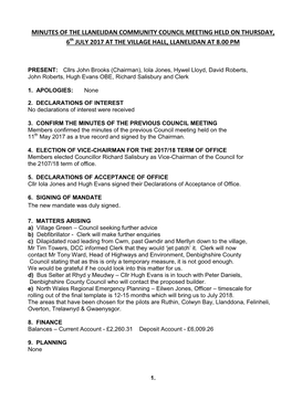 MINUTES of the LLANELIDAN COMMUNITY COUNCIL MEETING HELD on THURSDAY, 6Th JULY 2017 at the VILLAGE HALL, LLANELIDAN at 8.00 PM