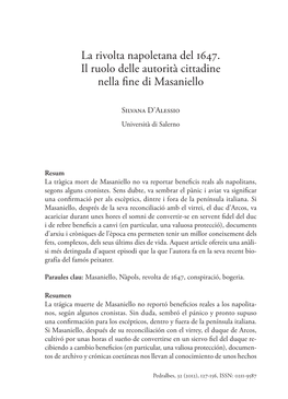 La Rivolta Napoletana Del 1647. Il Ruolo Delle Autorità Cittadine Nella Fi Ne Di Masaniello