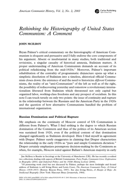 Rethinking the Historiography of United States Communism: a Comment