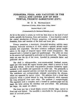 Foramina, Fossa and Vacuities in the Skull and Lower Jaw of Mud Turtle, Trionyx Gangeticus (Cuv.) by D