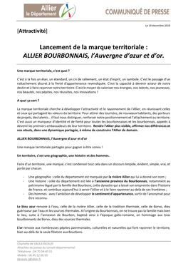 Lancement De La Marque Territoriale : ALLIER BOURBONNAIS, L'auvergne D'azur Et D'or