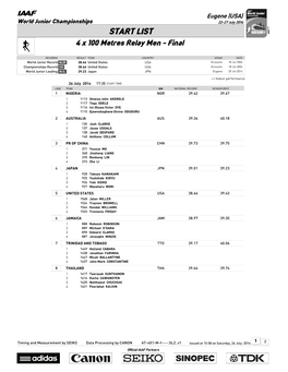 START LIST 4 X 100 Metres Relay Men - Final