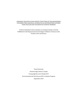 Assessing the Population Genetic Structure of the Endangered Cucumber Tree (Magnolia Acuminata) in Southwestern Ontario Using Nuclear and Chloroplast Genetic Markers