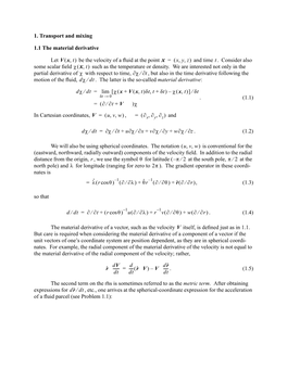 1. Transport and Mixing 1.1 the Material Derivative Let Be The