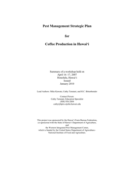Pest Management Strategic Plan for Coffee Production in Hawai'i