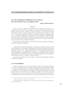 El Voluntariado Femenino En La Rioja En Los Inicios De La Guerra Civil* Mónica Orduña Prada**