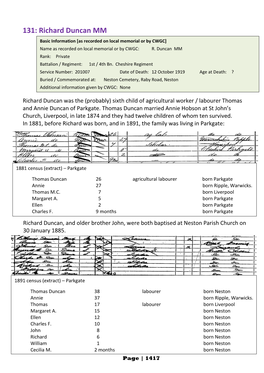 Richard Duncan MM Basic Information [As Recorded on Local Memorial Or by CWGC] Name As Recorded on Local Memorial Or by CWGC: R