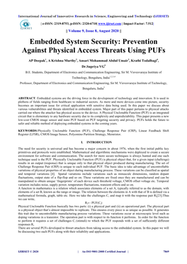 Embedded System Security: Prevention Against Physical Access Threats Using Pufs